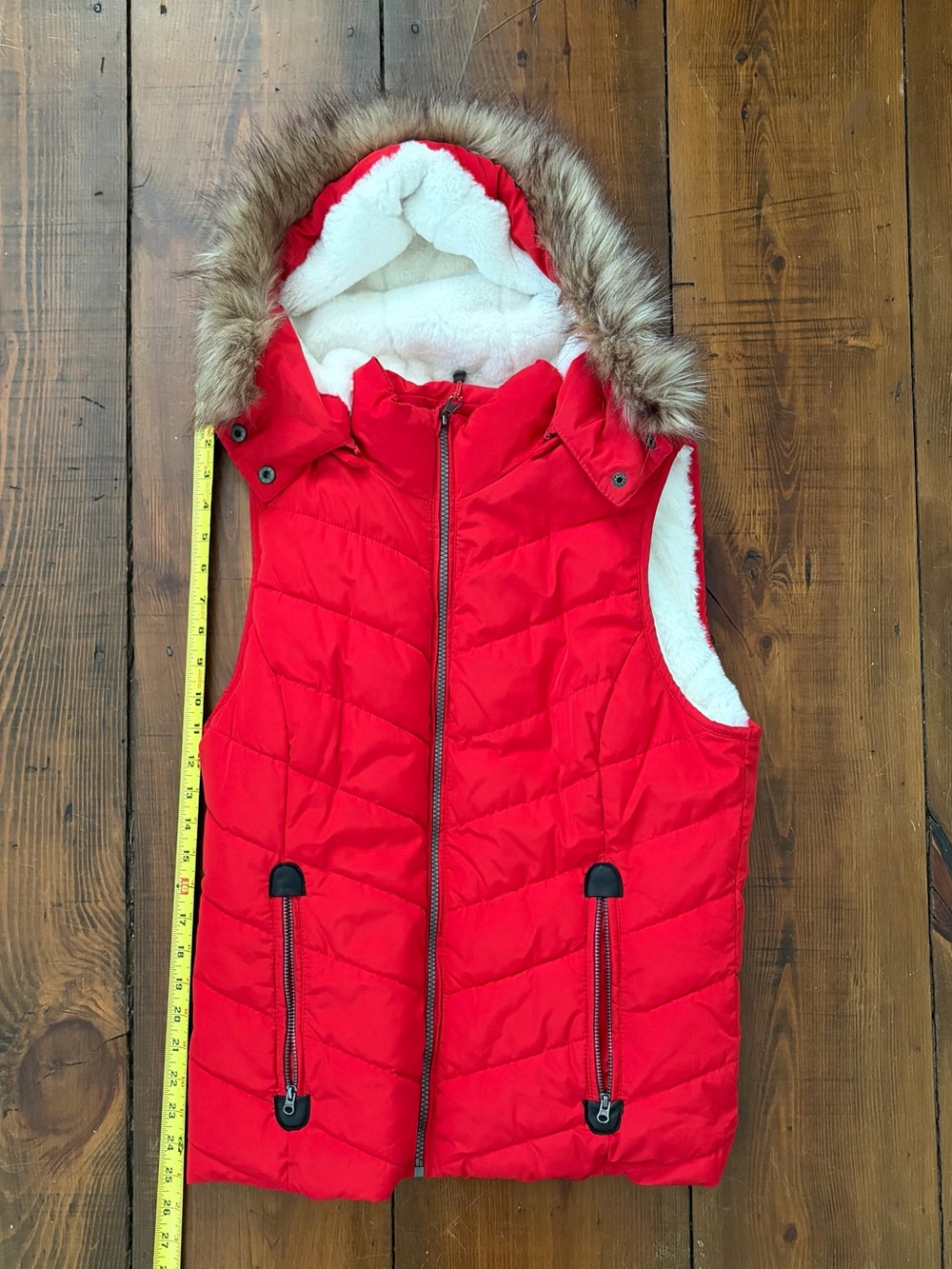 Red Quilted Hooded Puffer Vest with Fur Trim